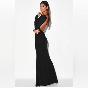 Lulus Glamorous in Glitter Black Long Sleeve Backless Maxi Dress